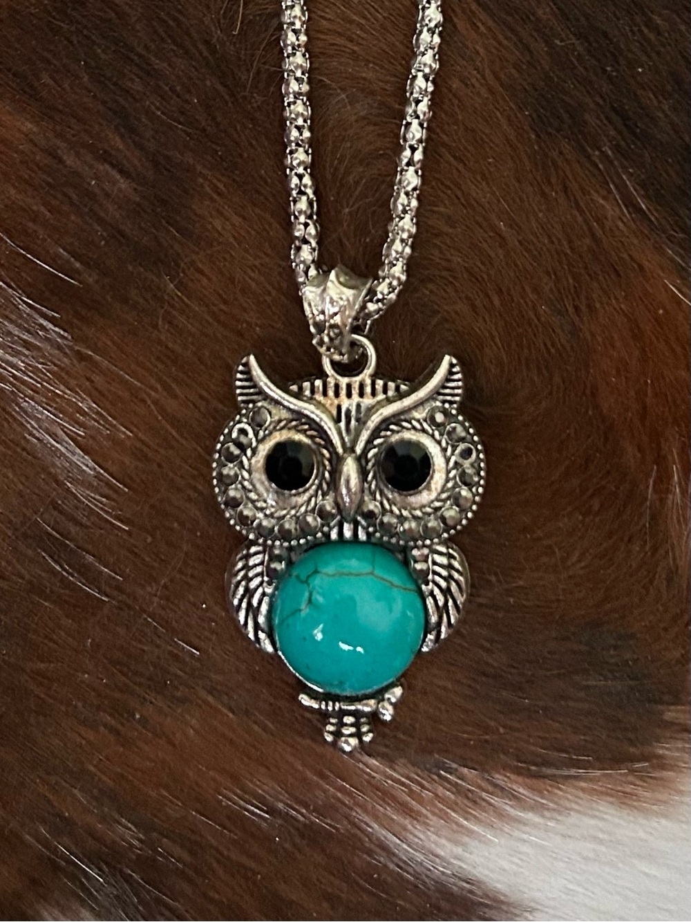 Antiqued Silver Tone Owl Necklace With A Round Faux Turquoise Cabochon